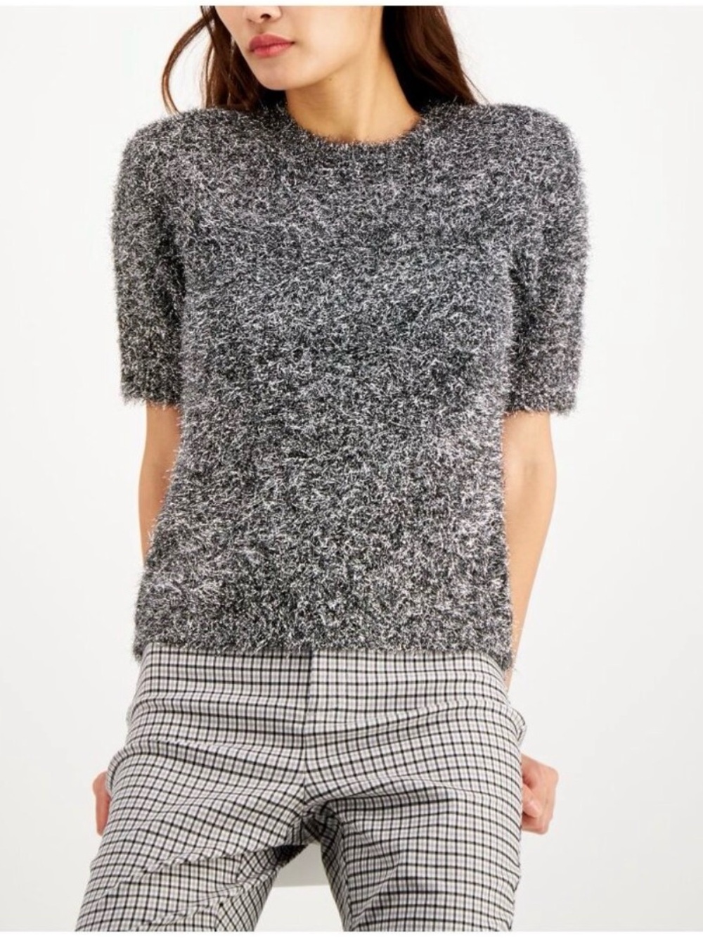 INC International Concepts Fuzzy Short-Sleeve Sweater Top - Silver